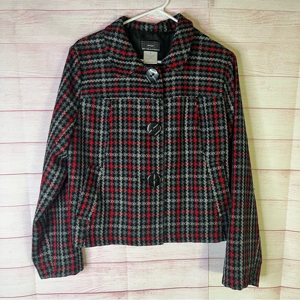 NY Clothing Co. Black Gray Red Houndstooth 3 Button Blazer Jacket Size XL